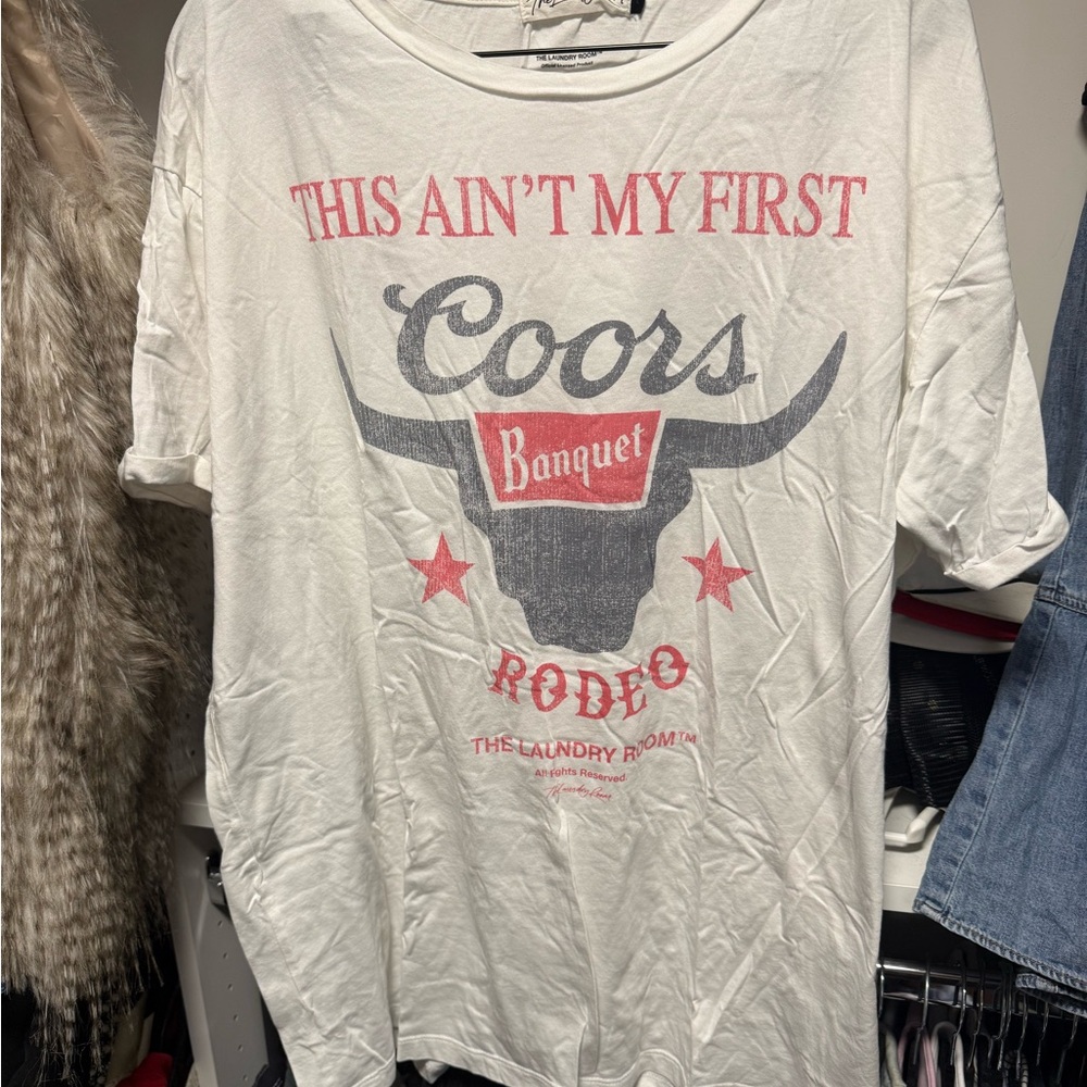 The Laundry Room White Tee with Navy, Red & Gold Coors Graphic